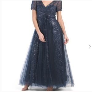 NWT Carmen Marc Valvo Blue Sequin Tulle Gown 4